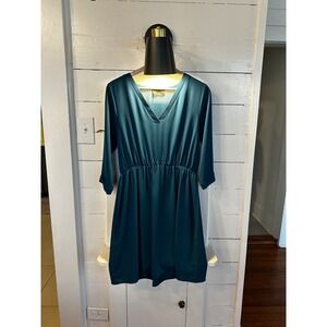 Everly Womens Teal V-Neck 3/4 Sleeve Elastic Waist Fit Flare Dress DR6378 Small